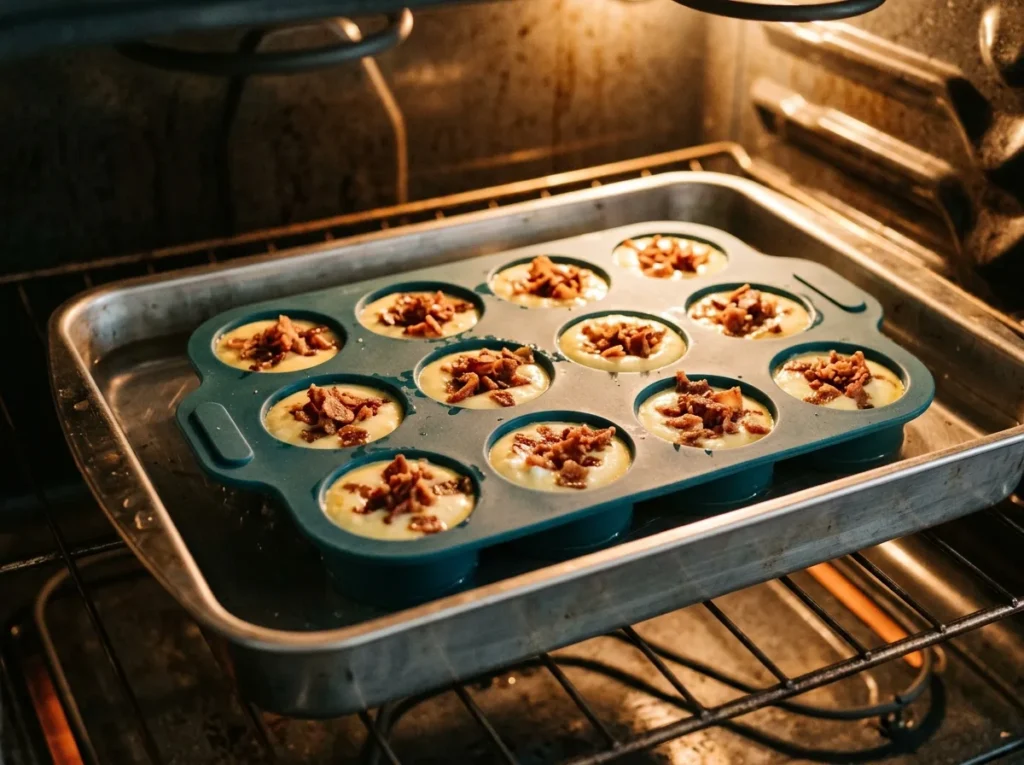 Silicone egg bite mold filled with egg mixture and bacon, set in a larger baking pan in the oven