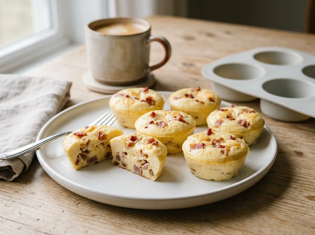 Starbucks egg bites recipe: homemade bacon and Gruyère egg bites on a white plate, one cut in half to show the smooth inside