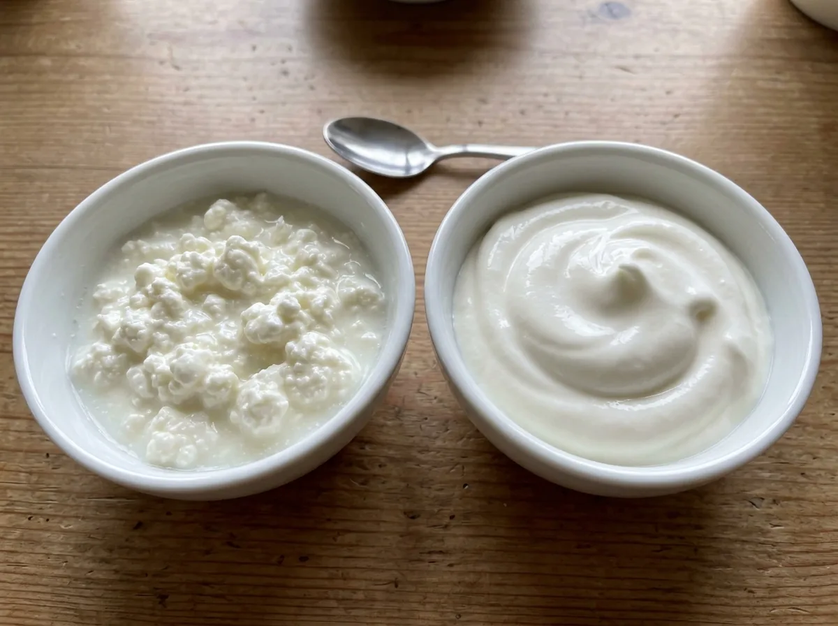 Split image of lumpy cottage cheese in a tub on the left and a silky whipped swirl in a bowl on the right