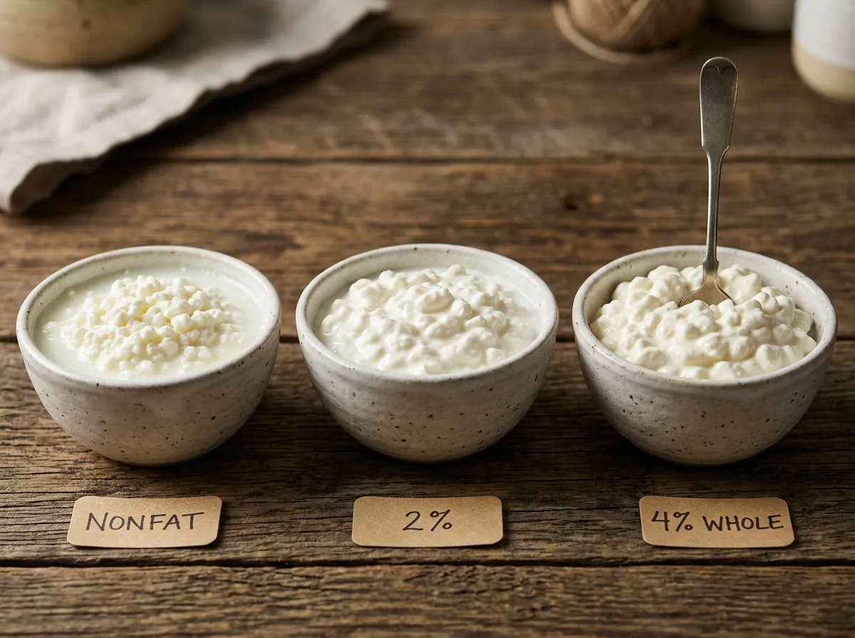 Three bowls of nonfat, 2% and 4% cottage cheese before whipping, labeled; the nonfat bowl sits in noticeably more liquid