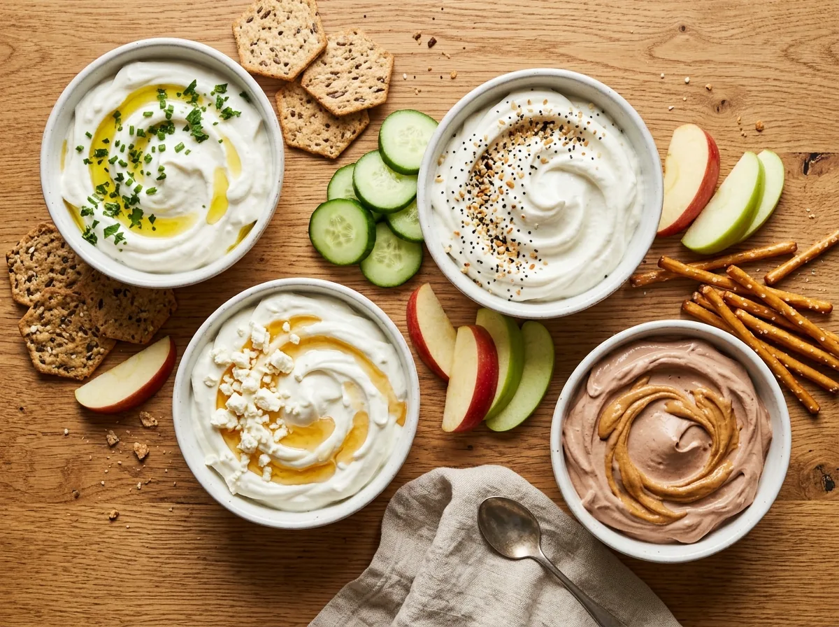 Four small bowls of flavored whipped cottage cheese with crackers, cucumber slices and apple wedges for dipping