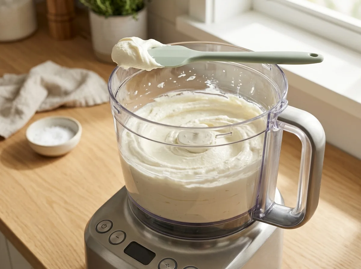 Food processor bowl mid-blend with smooth whipped cottage cheese clinging to the sides and a spatula resting nearby
