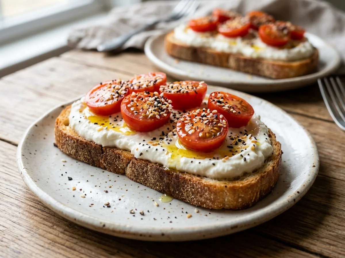 Toast spread with whipped cottage cheese, topped with sliced cherry tomatoes, everything bagel seasoning and a drizzle of olive oil