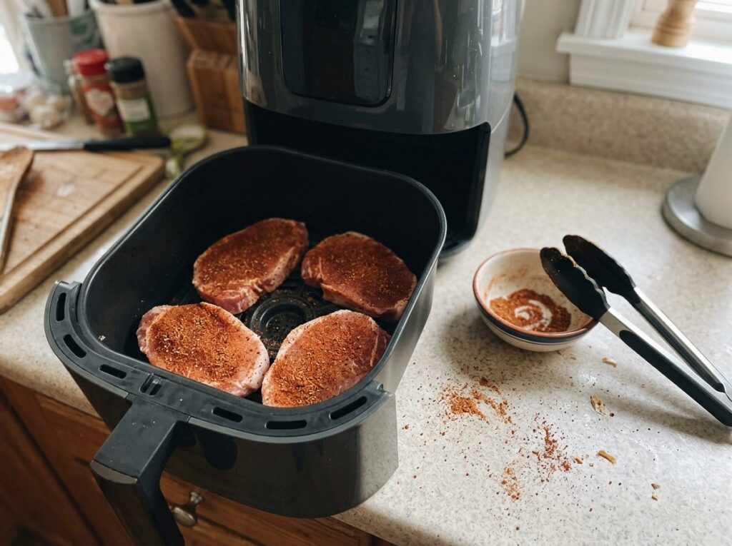 Four boneless pork chops coated in a paprika dry rub in a single layer in an air fryer basket, with tongs and the spice bowl beside it