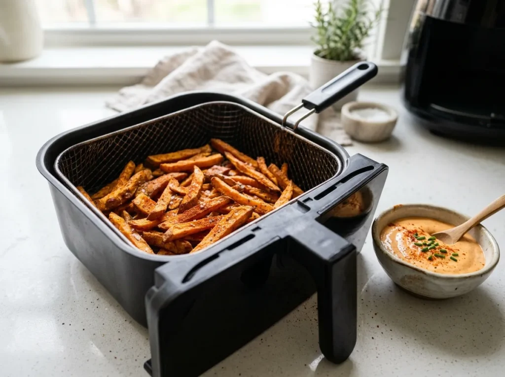 Air fryer sweet potato fries in an open air fryer basket, dusted with smoked paprika, with a bowl of dipping sauce