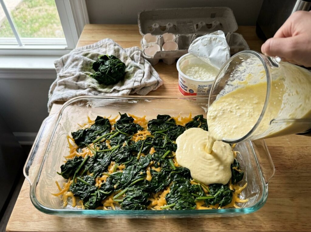 Blended eggs and cottage cheese being poured over squeezed spinach and shredded cheddar in a glass 9x13 baking dish