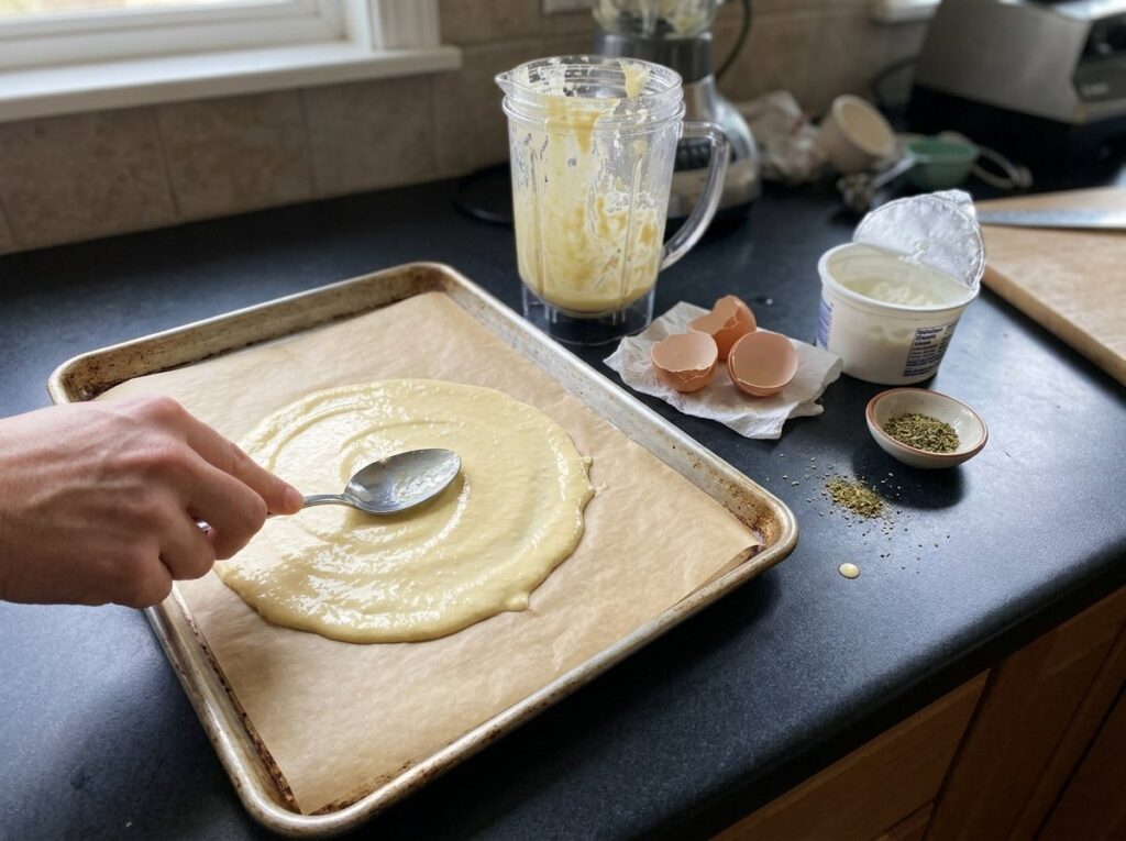 Smooth cottage cheese and egg batter being spread into a thin round on a parchment-lined baking sheet