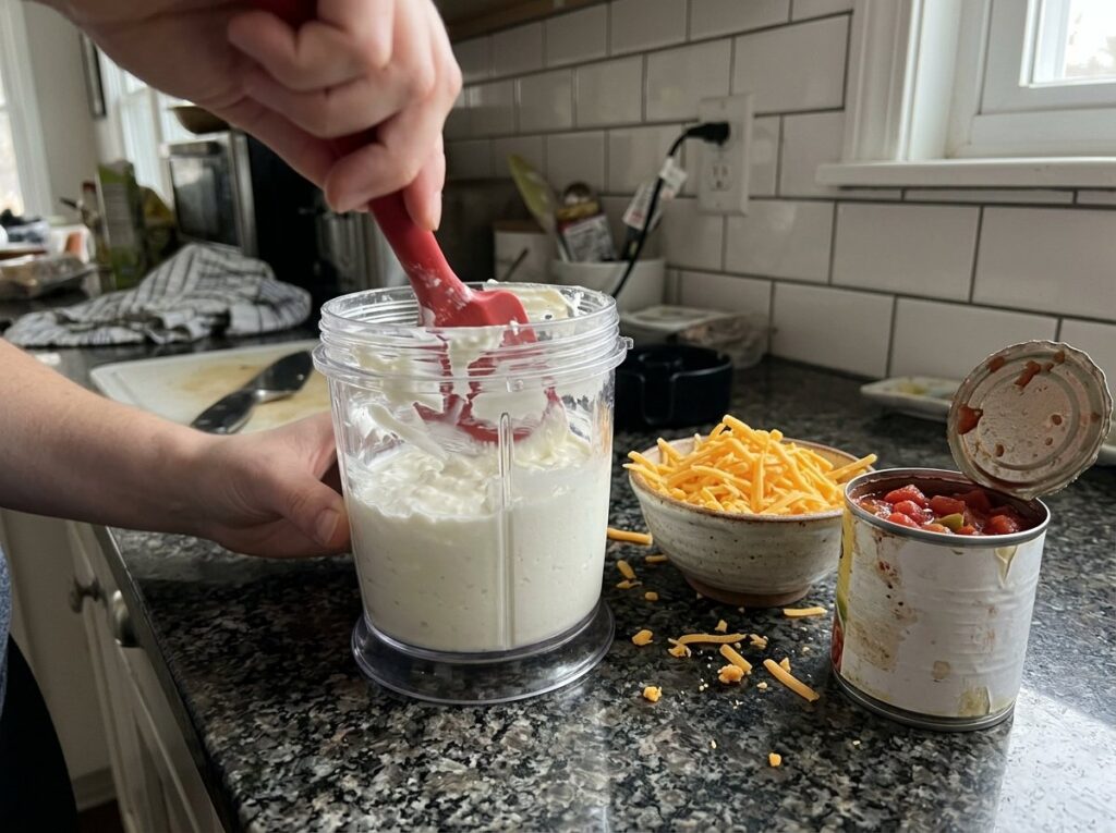 Blended cottage cheese in a small blender jar next to shredded cheddar and an open can of diced tomatoes with green chiles