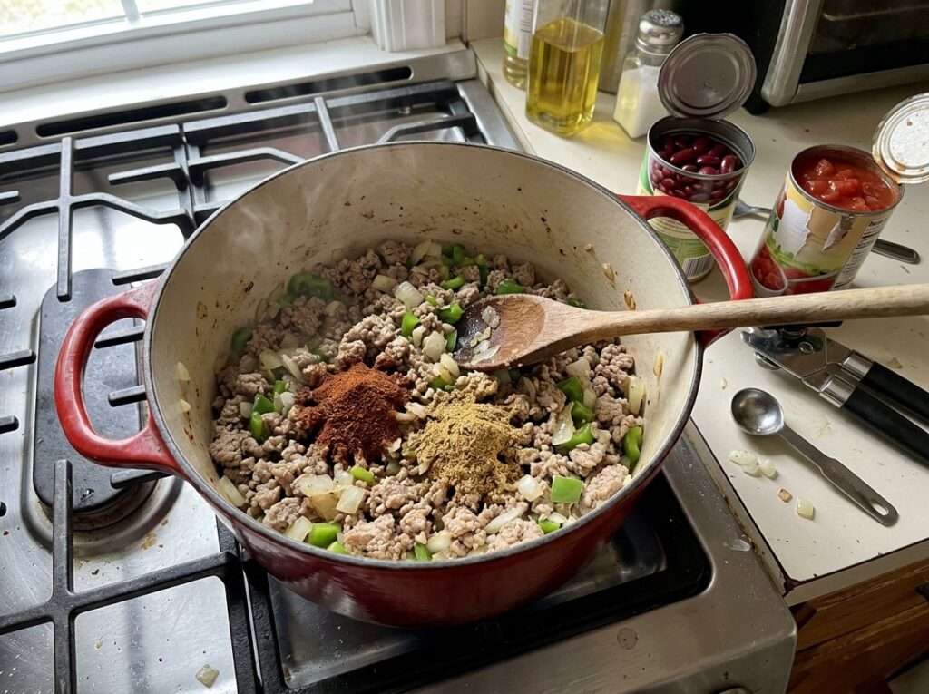 Browned ground turkey with diced onion and green pepper in a red Dutch oven on the stove, with chili powder and cumin just added
