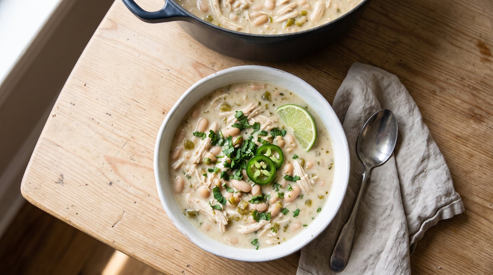 White chicken chili in a white bowl with shredded chicken, great northern beans and green chiles, topped with cilantro, jalapeño slices and a lime wedge