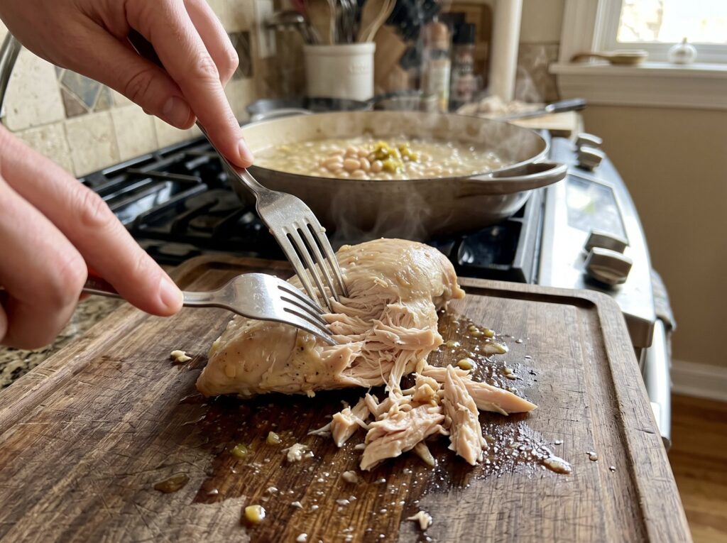 Two forks shredding a cooked chicken breast on a cutting board, with a pot of white bean chili simmering on the stove behind it